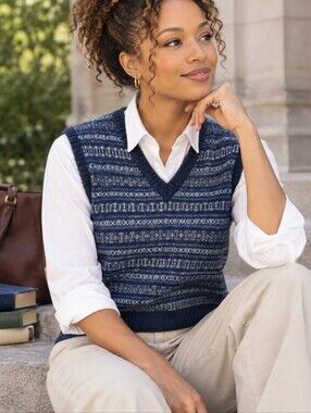 Daniel Cremieux Brown Navy Wool Fair Isle Stripe V-neck Sweater Vest Size L